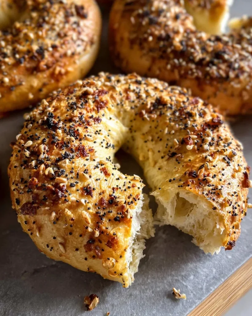Freshly baked Greek yogurt bagels with a golden-brown crust