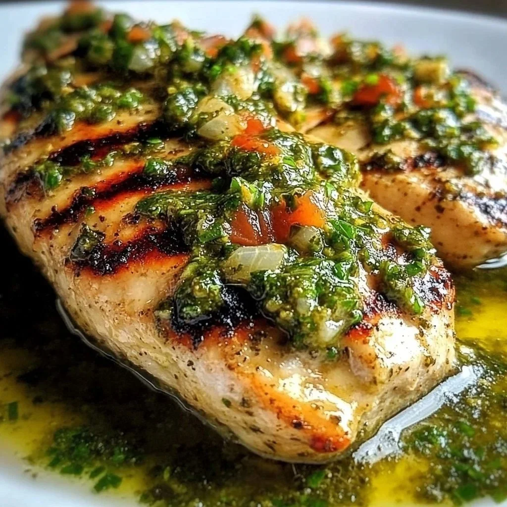 Delicious grilled salsa verde chicken garnished with fresh herbs.