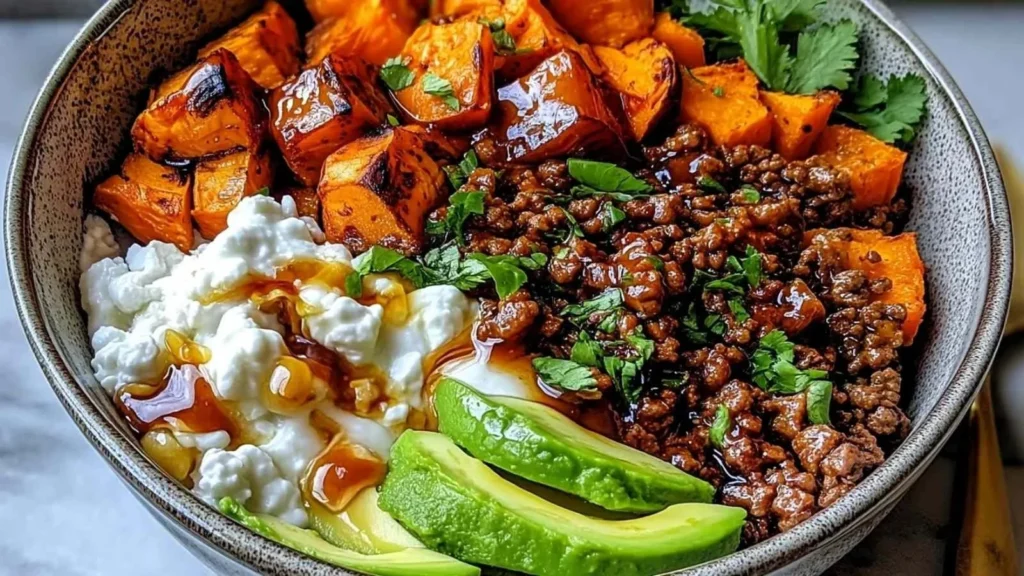 Ground Beef Hot Honey Bowl with colorful veggies and a drizzle of hot honey