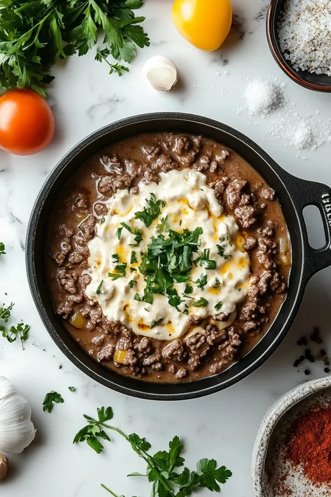 Delicious ground beef stroganoff served with noodles and garnished with parsley.