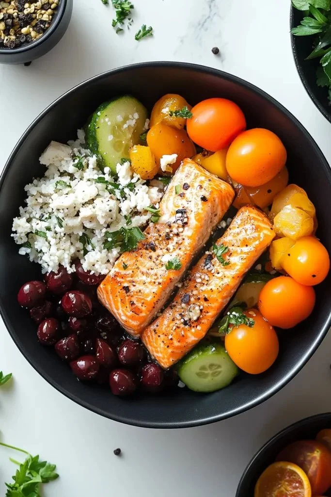 Healthy Mediterranean Salmon Bowl with fresh vegetables and grains