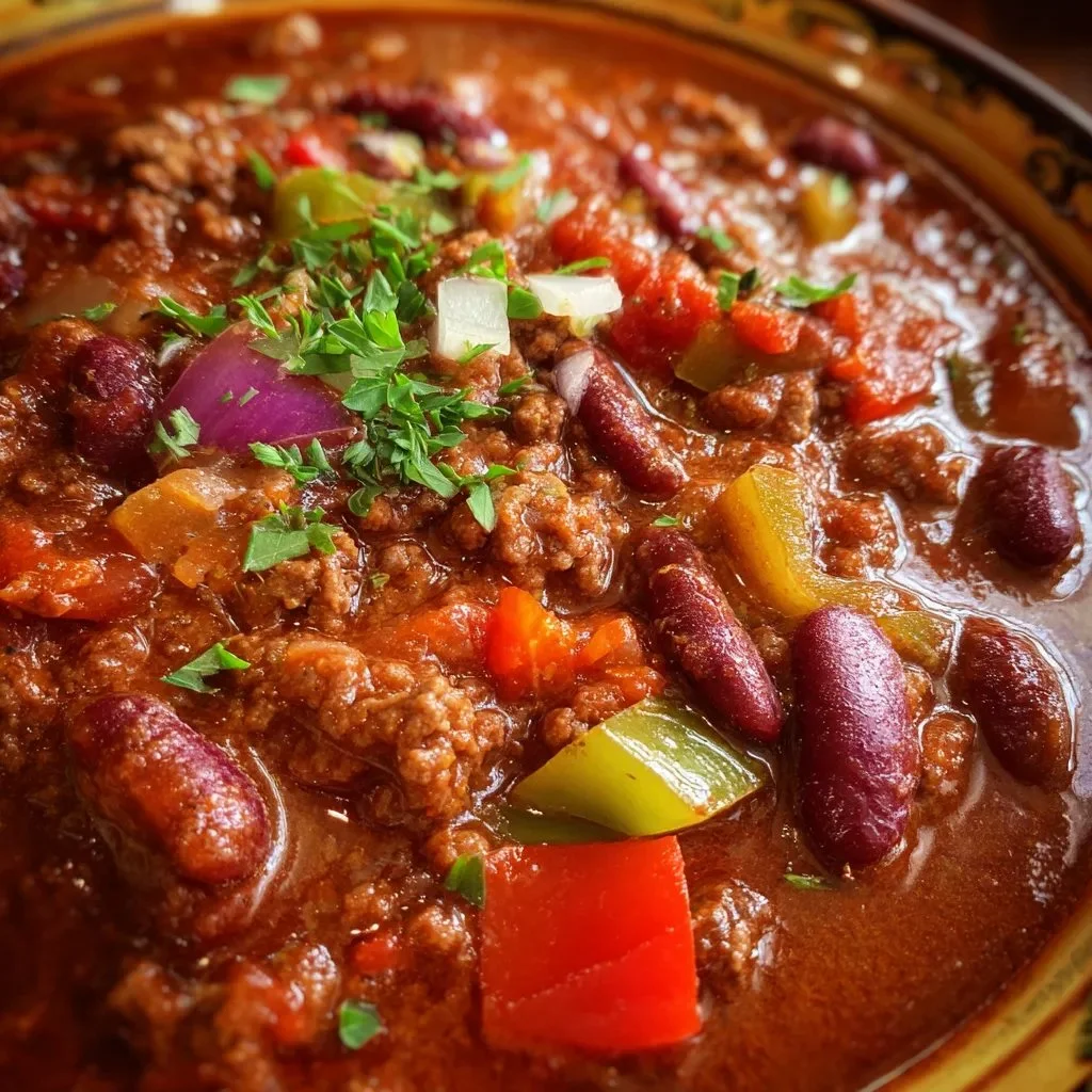 Bowl of hearty slow-simmered spicy Tex-Mex chili with toppings