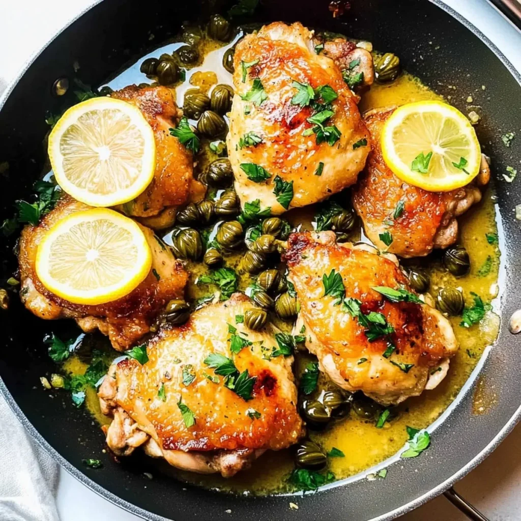 Plate of Heavenly Chicken Thigh Piccata garnished with parsley and lemon slices