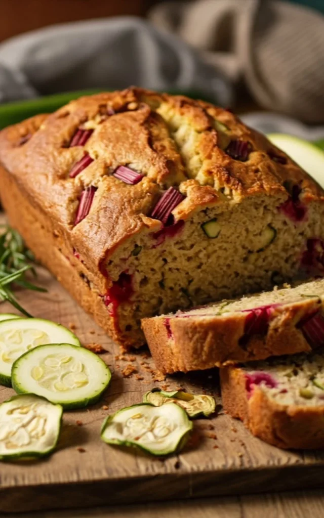 Homemade dehydrated zucchini bread with rhubarb twist on a wooden table