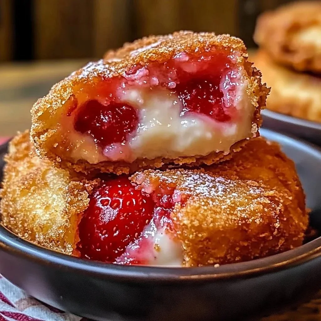 Delicious deep-fried strawberry cheesecake pies on a plate