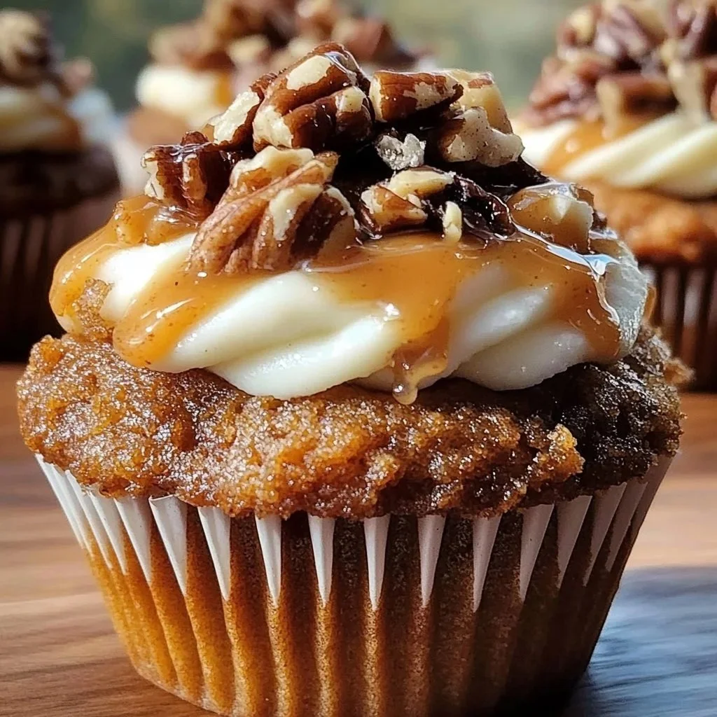 Delicious pecan pie pumpkin cupcakes topped with pecans and caramel drizzle