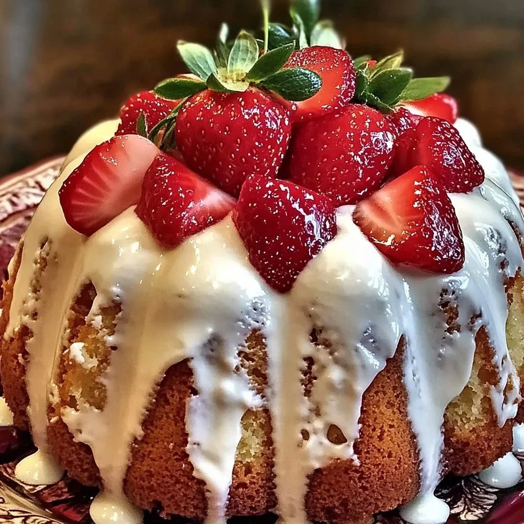 Slice of irresistible strawberry cream cheese pound cake topped with fresh strawberries