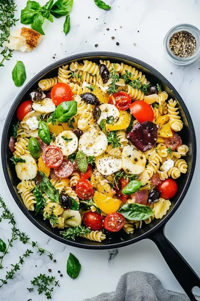 A colorful Italian pasta salad with fresh vegetables and herbs