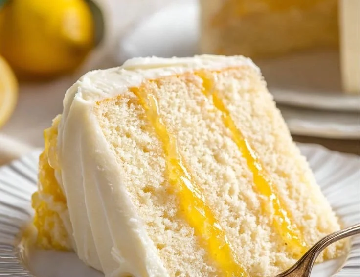 Lemon curd cake adorned with fresh lemons and whipped cream