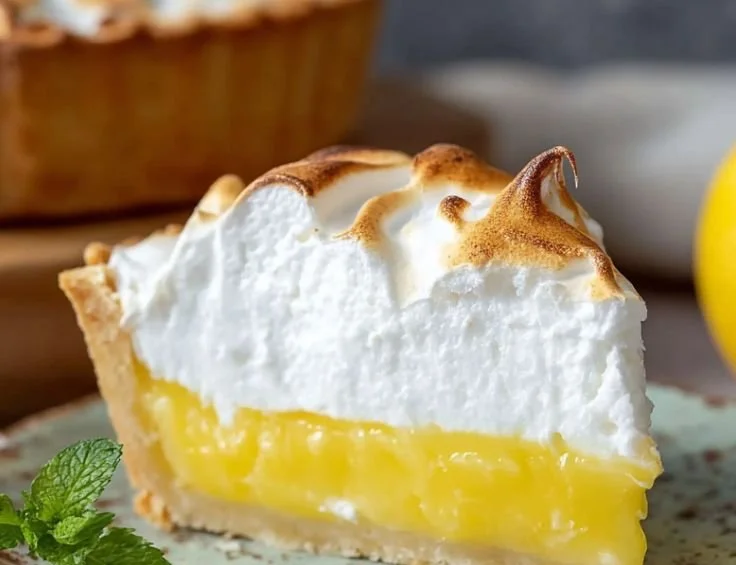 Delicious slice of Lemon Meringue Pie topped with fluffy meringue.