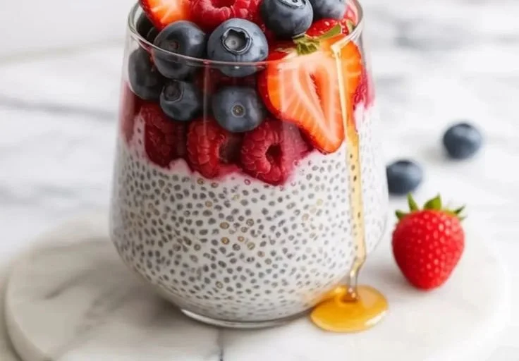 Low calorie chia pudding topped with fresh berries in a glass bowl