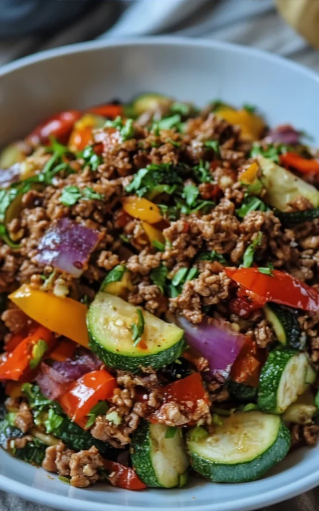 Mediterranean ground beef stir fry with colorful vegetables and spices