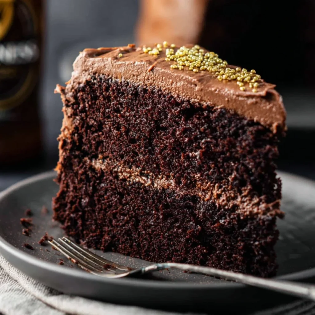 Moist Guinness chocolate cake topped with creamy frosting and chocolate shavings.