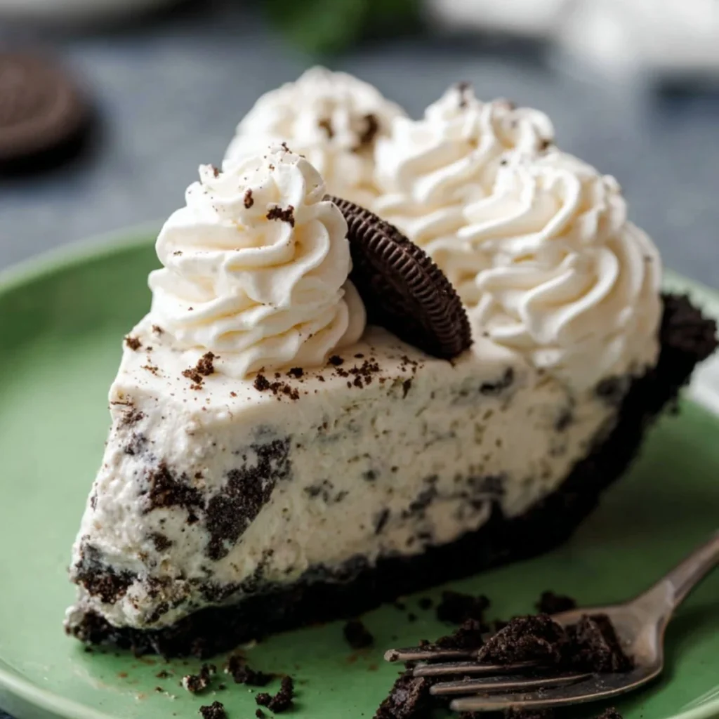 No-Bake Cookies and Cream Pie topped with crushed cookies and chocolate drizzle