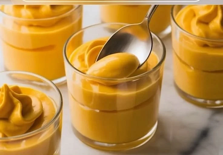 Delicious no bake mango mousse in a bowl, topped with fresh mango slices.