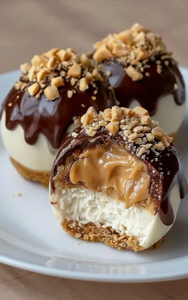 No-bake peanut butter cheesecake balls with creamy peanut butter and chocolate drizzle