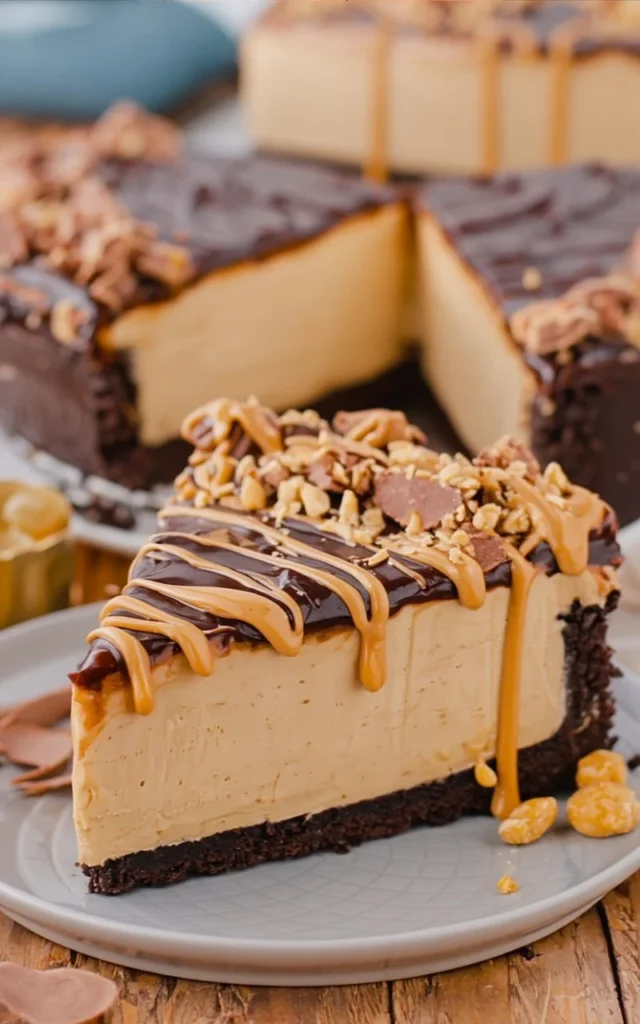 No-bake peanut butter cheesecake with Oreo crust on a serving plate