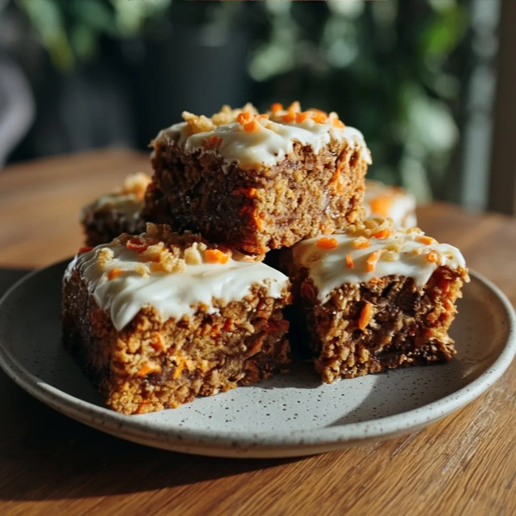 No Sugar Cottage Cheese Carrot Cake Bars topped with cream and fresh carrots