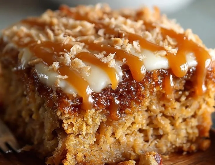 A slice of old-fashioned oatmeal cake on a plate with decorative rustic elements.