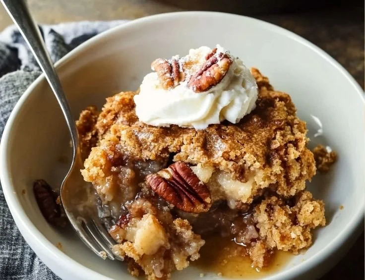 Slice of Old-Fashioned Pecan Pie Cobbler served with whipped cream