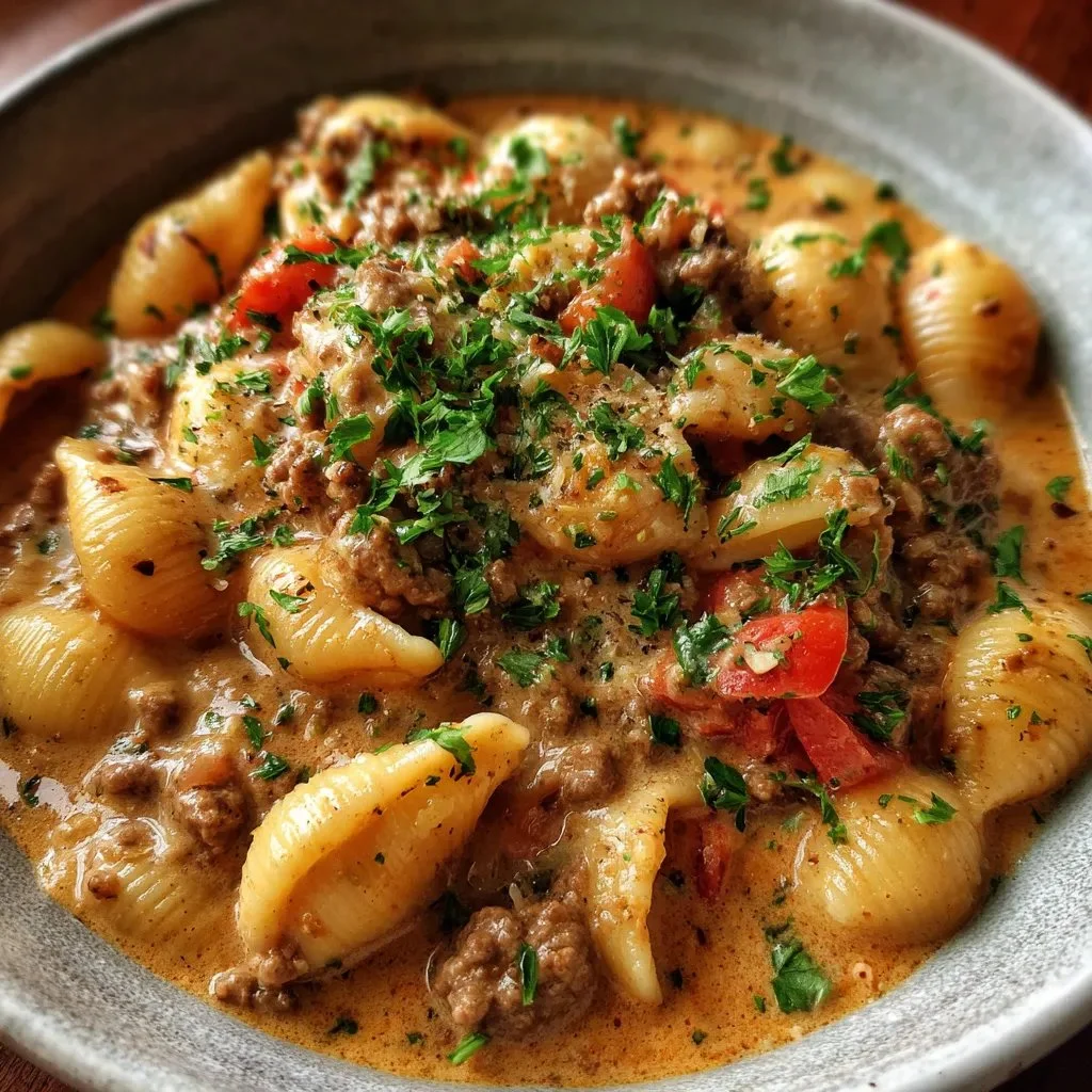 One-Pot Creamy Beef and Shells dish served in a bowl with toppings