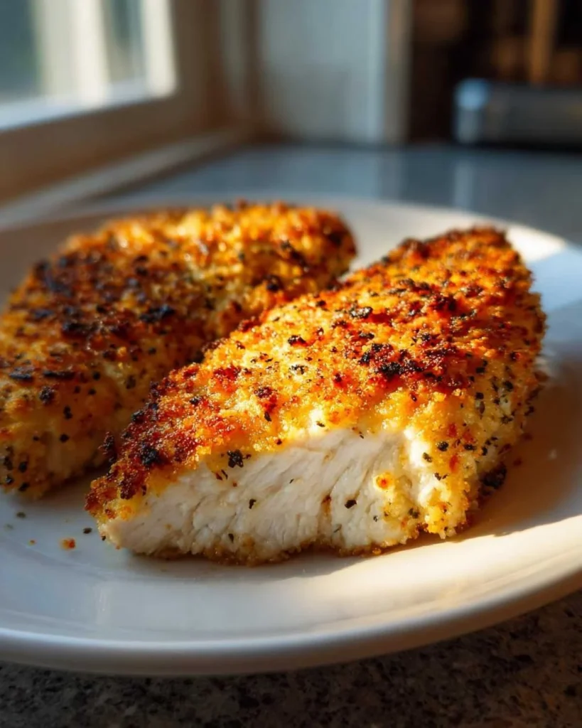Delicious Parmesan Crusted Chicken topped with herbs and cheese