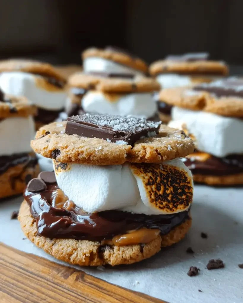 Peanut Butter Chocolate Chip S’mores laid out on a wooden table