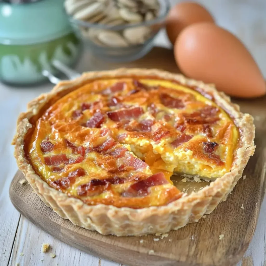 Creamy bacon cheddar quiche baked to perfection, served on a rustic wooden table.