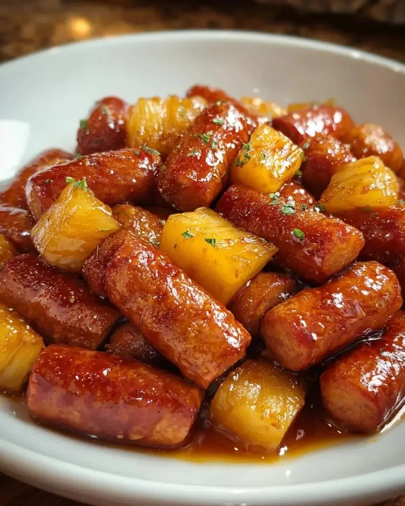 Delicious Pineapple Brown Sugar Mississippi Little Smokies Bites served on a platter