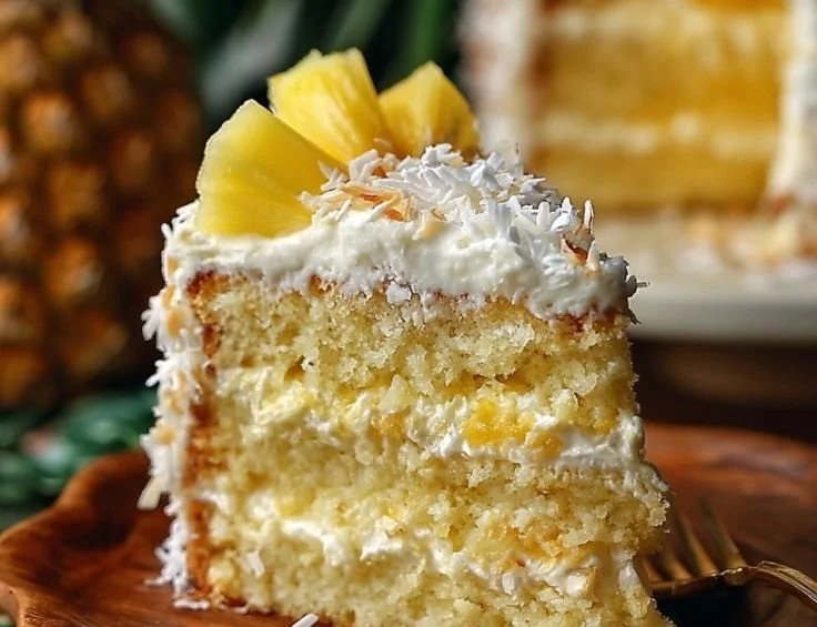 Slice of Pineapple Coconut Dream Cake topped with coconut and pineapple slices.