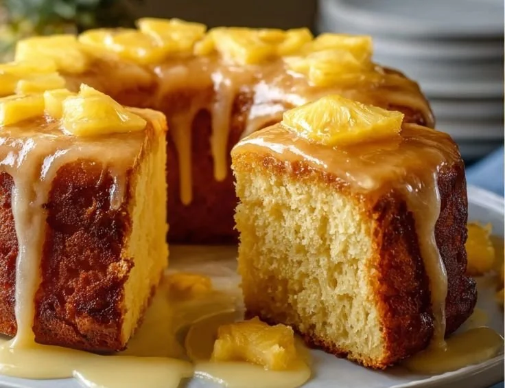 Delicious slice of pineapple juice cake topped with fresh pineapple slices