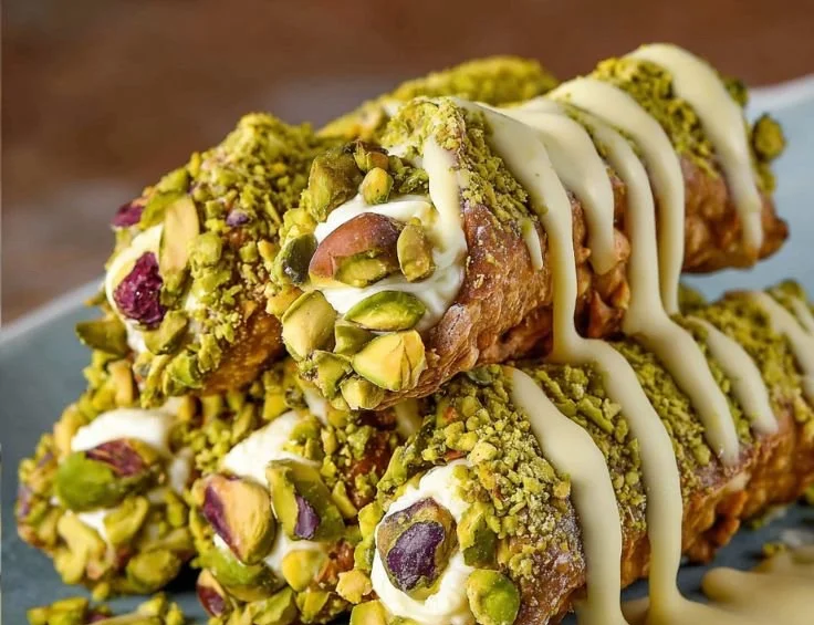 Delicious Pistachio Cannoli with creamy filling and crispy shell