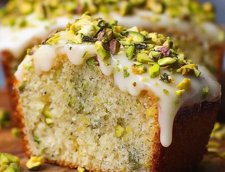 Slice of Pistachio Lemon Cake with vibrant lemon zest and crushed pistachios.
