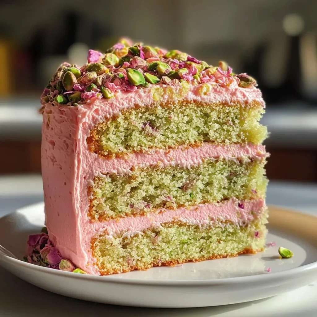 Delicious Pistachio Rose Milk Cake topped with rose petals and nuts.