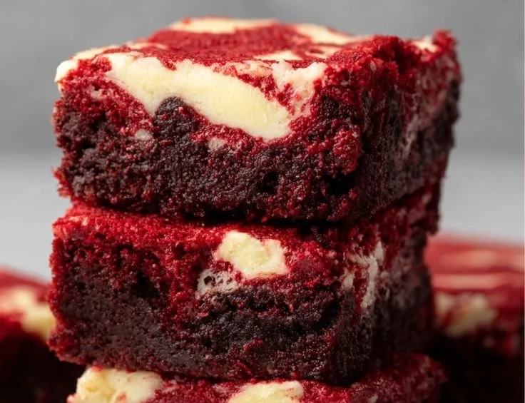 Delicious red velvet brownies topped with cream cheese frosting.