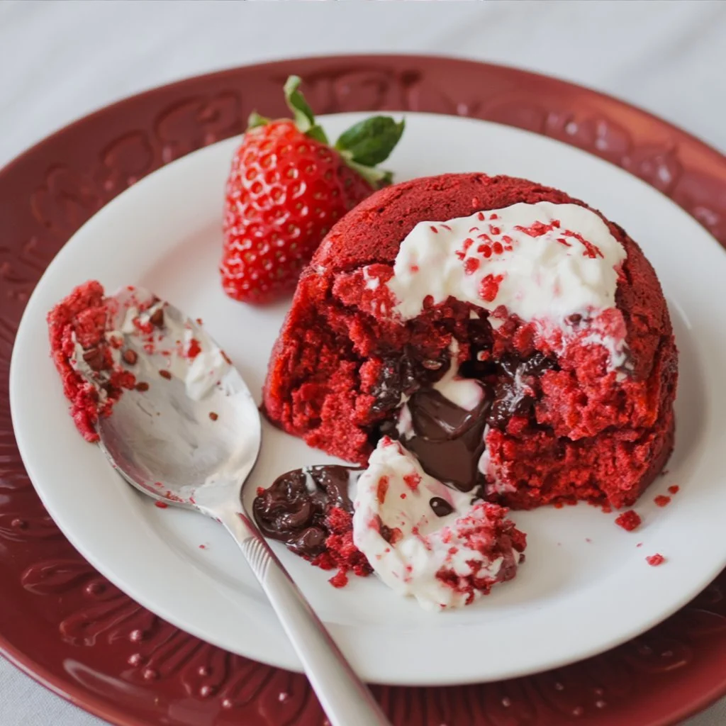 Red velvet lava cake with a gooey chocolate center, delicious dessert for special occasions.