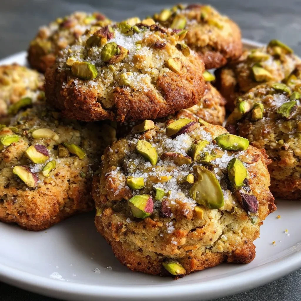 Delicious salted honey pistachio cookies on a rustic wooden plate