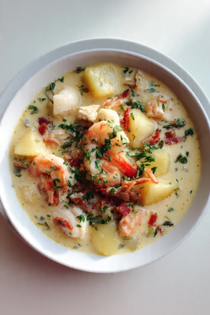 Bowl of simple seafood chowder garnished with fresh herbs