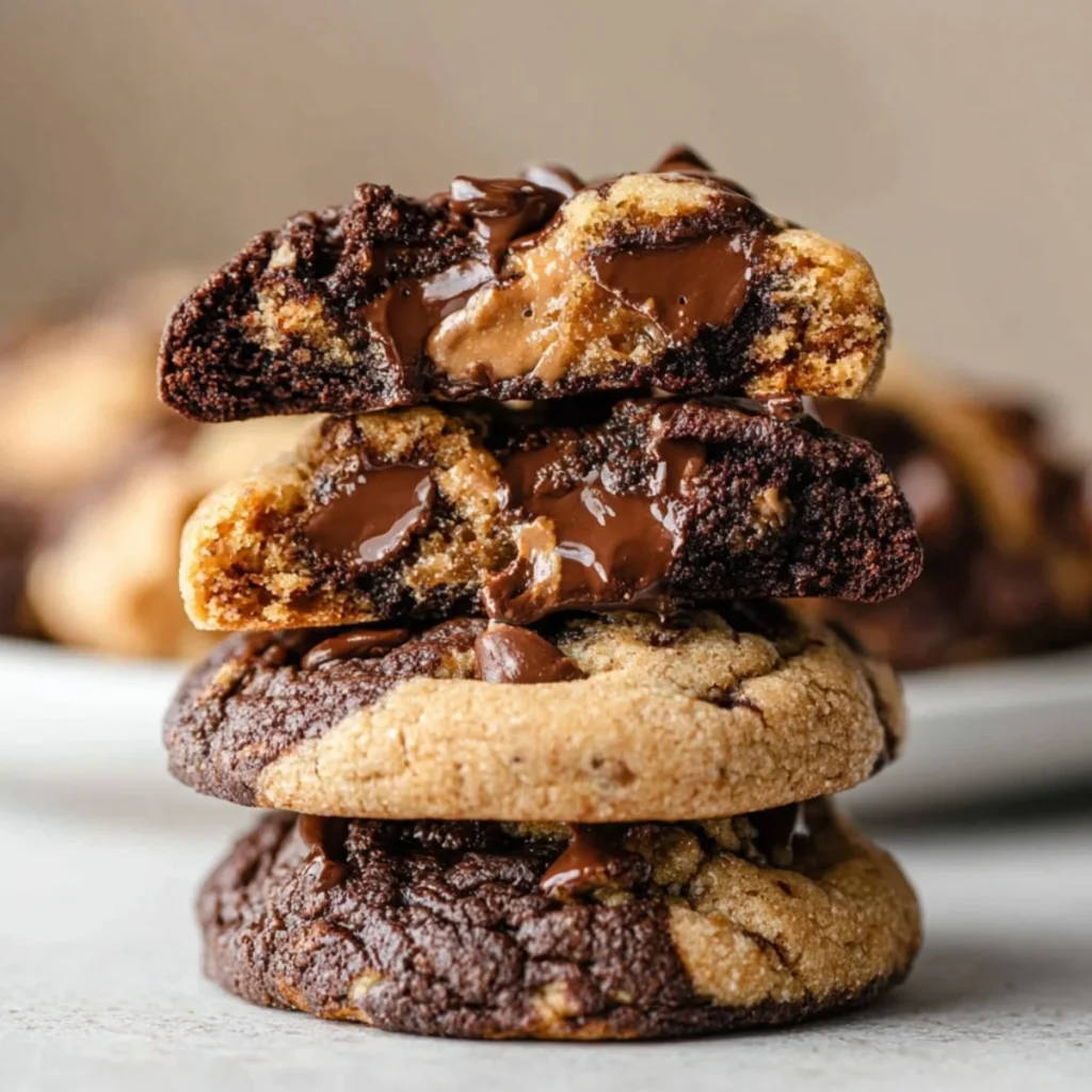 Soft peanut butter chocolate swirl cookies on a baking tray