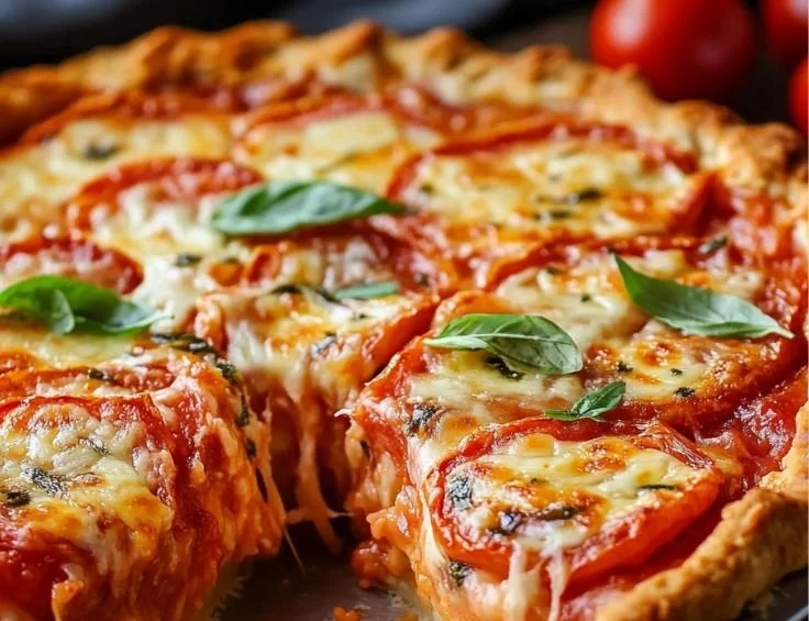 Southern Tomato Pie served with fresh herbs and a golden crust