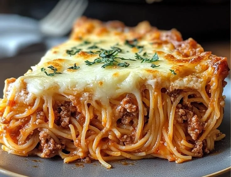 Deliciously baked spaghetti pie served with cheese and herbs