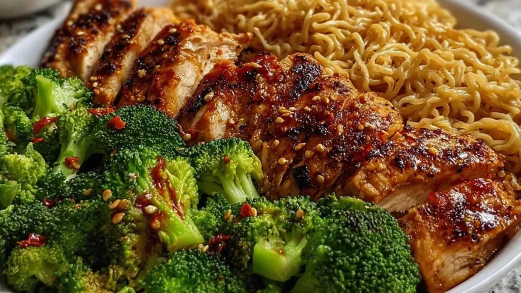 Spicy Garlic Chicken Broccoli Noodle Bowl with vibrant vegetables and flavorful sauce