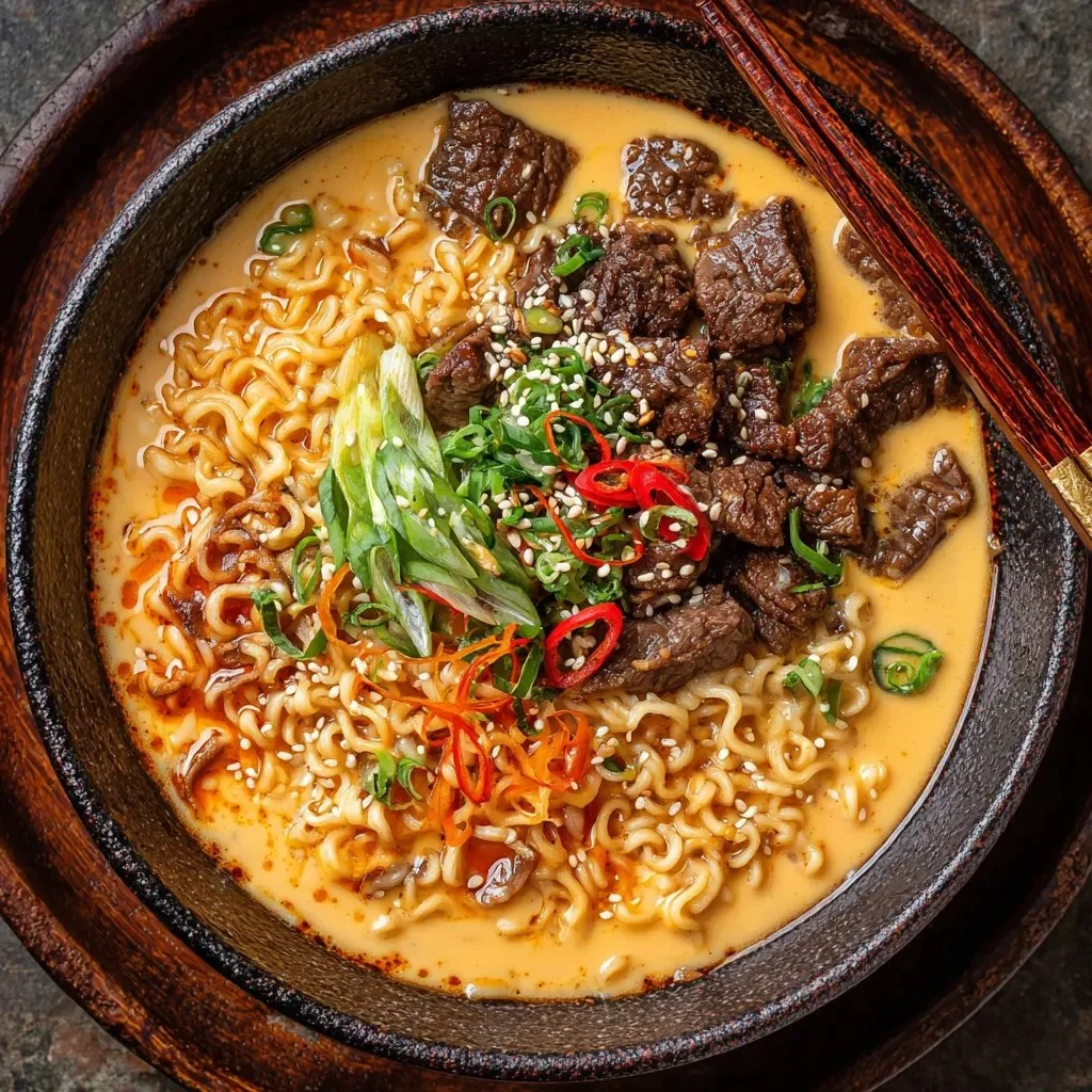 Bowl of spicy Korean ramen topped with grilled beef and creamy sauce
