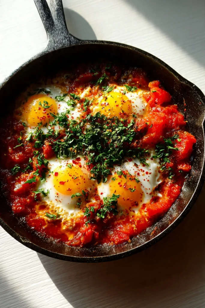 Delicious Spicy Tomato & Egg Skillet garnished with herbs