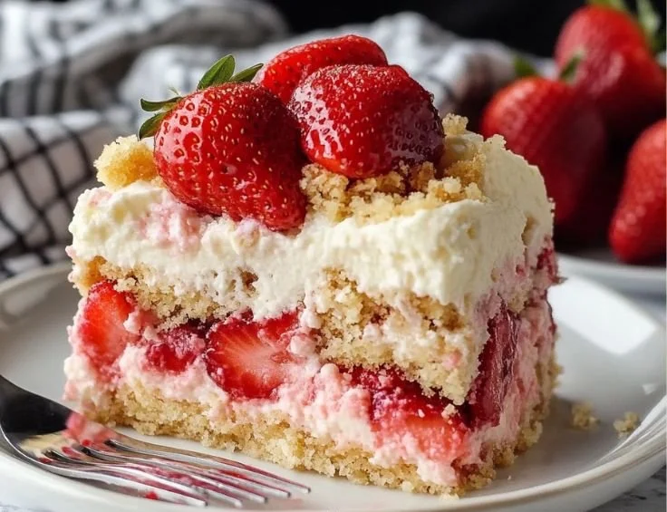 Delicious Strawberry Cheesecake Dump Cake served on a plate