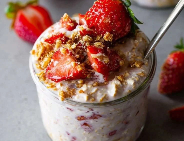 Delicious strawberry cheesecake overnight oats in a glass with fresh strawberries.