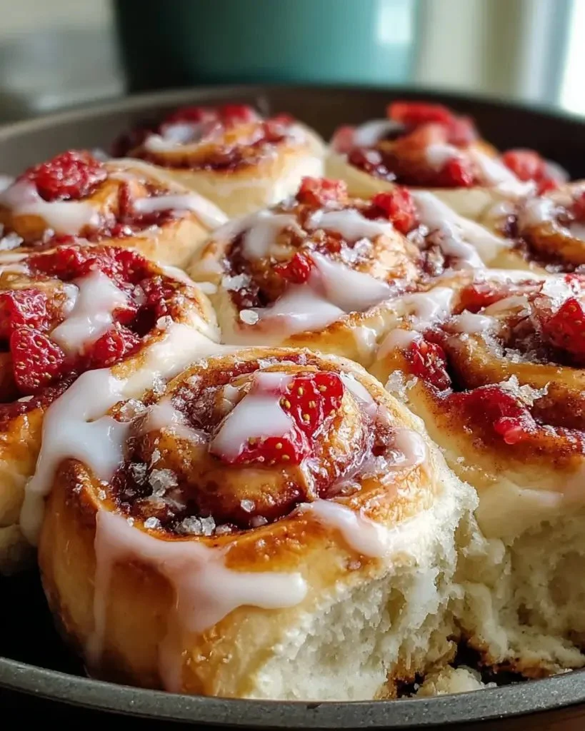 Fluffy strawberry cinnamon rolls made with brioche dough and topped with icing.
