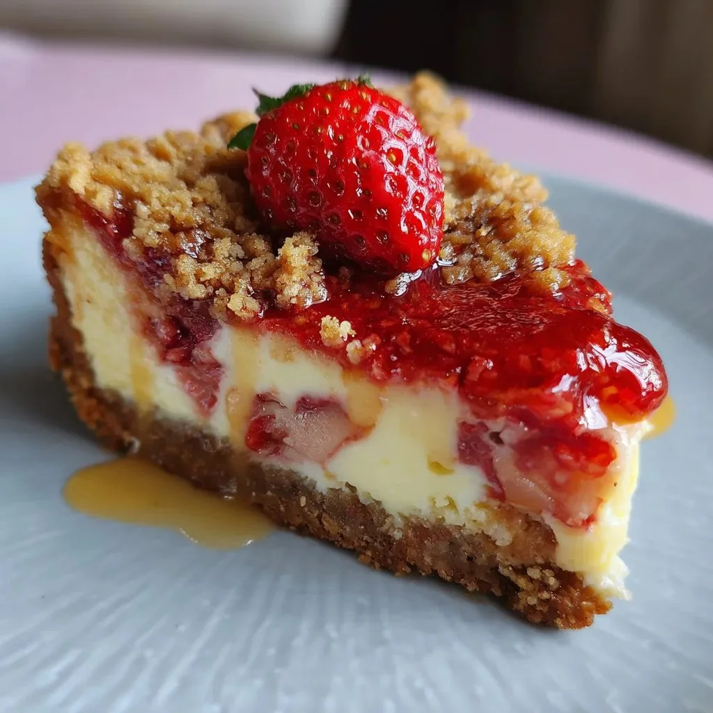 Delicious strawberry crumble cheesecake with a crumbly topping and fresh strawberries