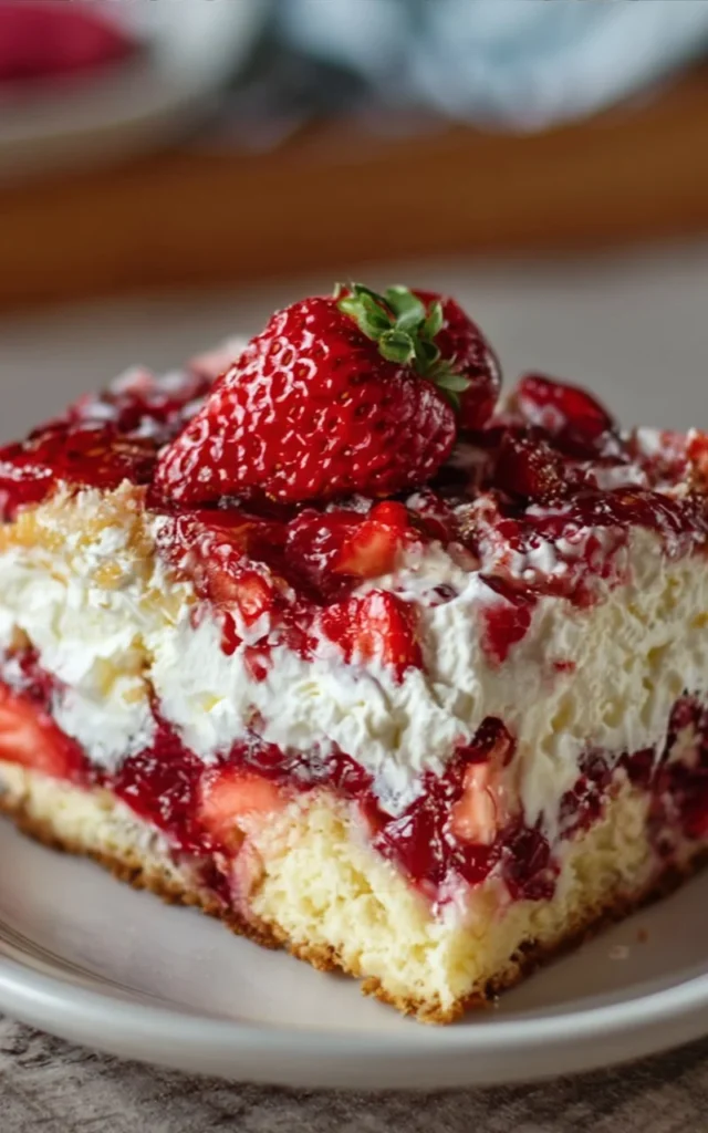 Slice of Strawberry Earthquake Cake topped with strawberries and whipped cream