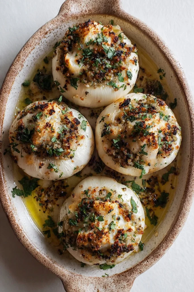 Deliciously prepared stuffed turnips on a rustic plate.